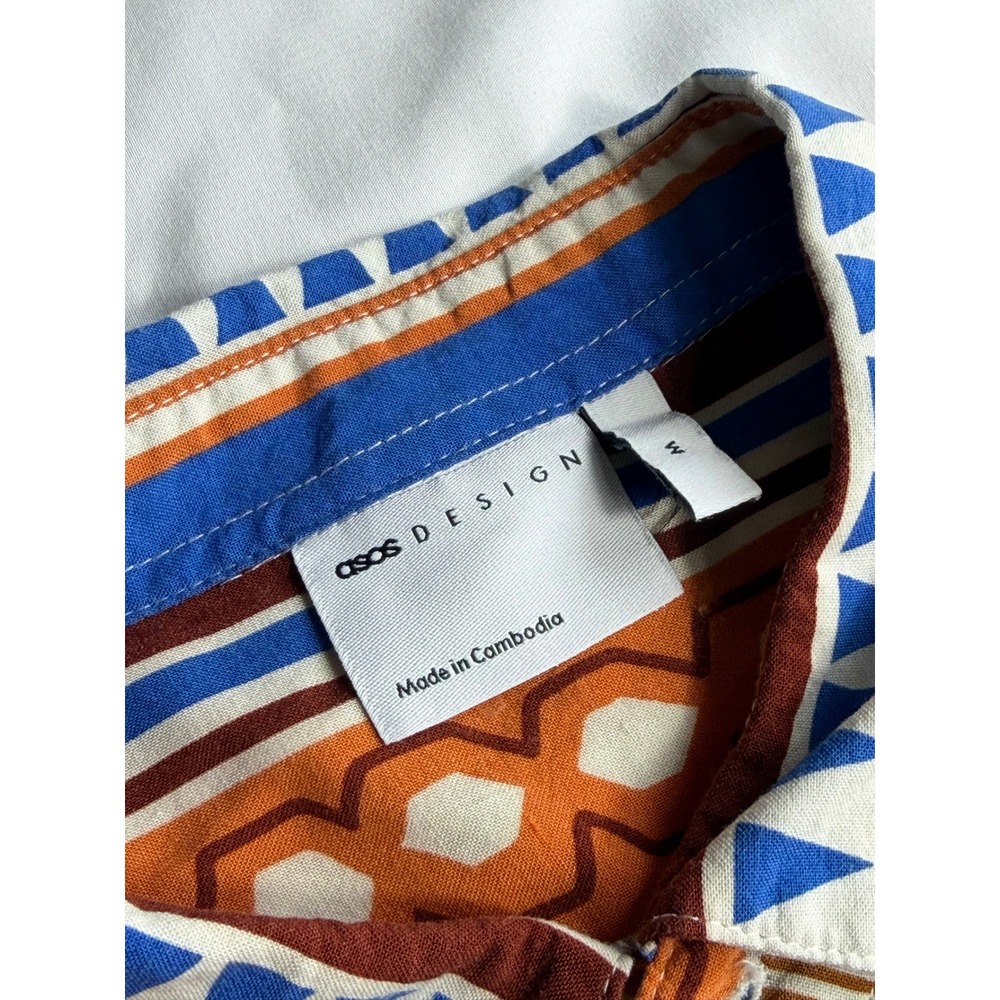 ASOS Design Mens Short Sleeve Button Down Geometric Tribal Print Shirt Blue M - Picture 2 of 5